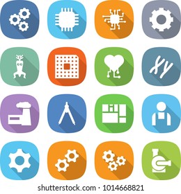 flat vector icon set - gear vector, chip, dna modify, cpu, cardio, chromosomes, factory, drawing compasses, consolidated cargo, workman, gears, water pump