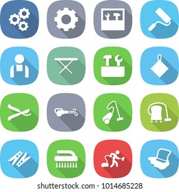flat vector icon set - gear vector, tools, repair, workman, iron board, rag, pruner, blower, vacuum cleaner, clothespin, brush, floor washing