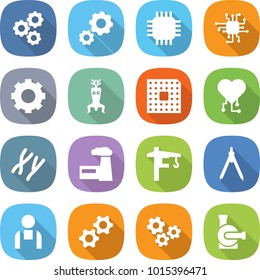 flat vector icon set - gear vector, chip, dna modify, cpu, cardio, chromosomes, factory, tower crane, drawing compasses, workman, gears, water pump