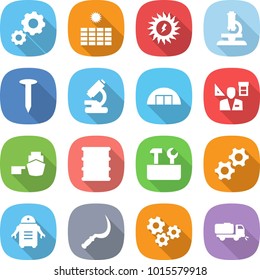 flat vector icon set - gear vector, sun power, microscope, nail, hangare, architector, port, barrel, repair tools, gears, robot, sickle, sweeper