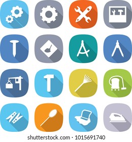 flat vector icon set - gear vector, pencil wrench, tools, nail, under construction, draw compass, drawing compasses, loading, hammer, rake, vacuum cleaner, clothespin, duster, floor washing, iron