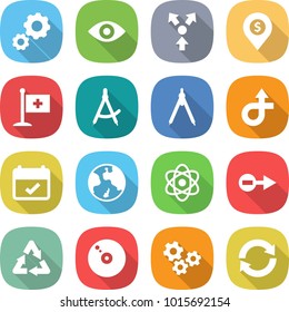 flat vector icon set - gear vector, eye, core splitting, dollar pin, medical flag, draw compass, drawing compasses, trip, terms, earth, atom, electron, recycle, cd, gears, reload