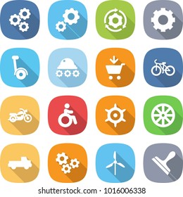 flat vector icon set - gear vector, around, gyroscooter, lunar rover, add to cart, bike, motorcycle, invalid, handwheel, wheel, pickup, gears, windmill, scraper