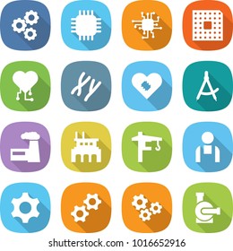 flat vector icon set - gear vector, chip, cpu, cardio, chromosomes, pacemaker, draw compass, factory, tower crane, workman, gears, water pump