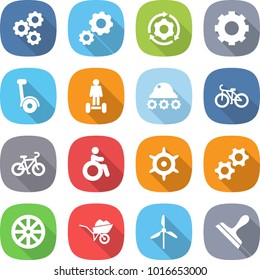 flat vector icon set - gear vector, around, gyroscooter, hoverboard, lunar rover, bike, handwheel, gears, wheel, wheelbarrow, windmill, scraper