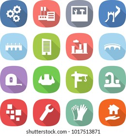 flat vector icon set - gear vector, store, tools, greate wall, bridge, skyscraper, city, measuring tape, building helmet, tower crane, water tap, blocks, wrench, gloves, housing