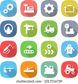 Flat Vector Icon Set - Gear Vector, Cashbox, Electrostatic, Tomography, Tower Crane, Fork Loader, Warehouse Scales, Welding, Conveyor, Robot, Plow, Soil Cutter, Harvester, Tractor