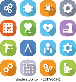 flat vector icon set - gear vector, chip, cpu, cardio, pacemaker, factory, tower crane, drawing compasses, workman, gears, circuit, water pump