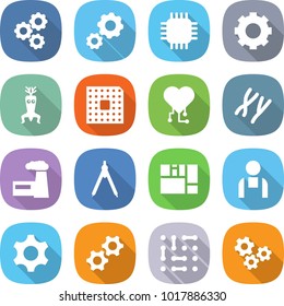 flat vector icon set - gear vector, chip, dna modify, cpu, cardio, chromosomes, factory, drawing compasses, consolidated cargo, workman, gears, circuit