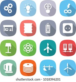 flat vector icon set - gear vector, bulb, brain, infinity power, gas station, barrel, remote control, socket, floor lamp, atom, windmill, server, kettle, pancakes, plow