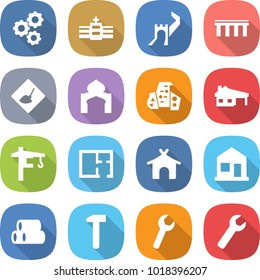 flat vector icon set - gear vector, hospital, greate wall, bridge, under construction, minaret, modern architecture, house with garage, tower crane, plan, bungalow, home, pipes, hammer, wrench