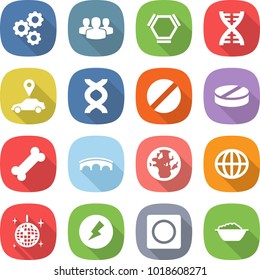 flat vector icon set - gear vector, group, hex molecule, dna, car pointer, pill, bone, bridge, globe, disco ball, electricity, ring button, foam basin