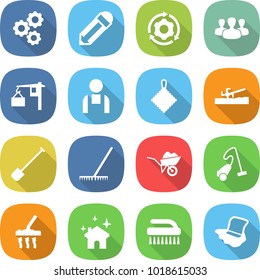 flat vector icon set - gear vector, pencil, around, group, loading, workman, rag, soil cutter, shovel, rake, wheelbarrow, vacuum cleaner, house cleaning, brush, floor washing