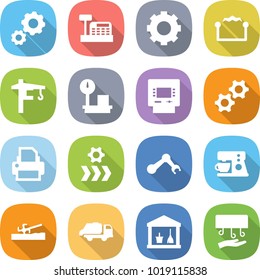 flat vector icon set - gear vector, cashbox, electrostatic, tower crane, warehouse scales, atm, gears, printer, conveyor, robot hand, coffee maker, soil cutter, trash truck, utility room, dryer