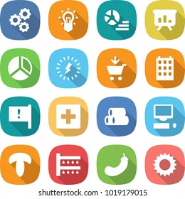 flat vector icon set - gear vector, bulb, diagram, presentation, lightning, add to cart, building, important flag, first aid, pipes, computer, mushroom, watering, eggplant, sun