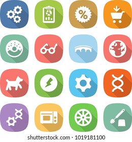 flat vector icon set - gear vector, report, percent, add to cart, donut, pacemaker, bridge, globe, dog, electricity, dna, edit, grill oven, wheel, toilet brush