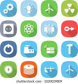 flat vector icon set - gear vector, bulb, windmill, nuclear, power socket, atom, magnetic field, electron, on off button, factory, server, hammer, solar, pancakes, plow