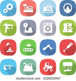 flat vector icon set - gear vector, cashbox, tomography, tower crane, warehouse scales, washing machine, coffee maker, press, conveyor, robot hand, blender, plow, harvester, tractor, dryer