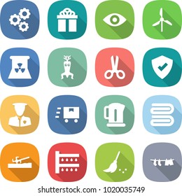 flat vector icon set - gear vector, gift, eye, windmill, nuclear power, dna modify, scissors, protected, security man, fast deliver, kettle, towel, soil cutter, watering, broom, drying clothes