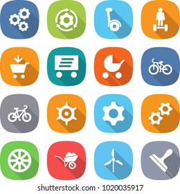 flat vector icon set - gear vector, around, gyroscooter, hoverboard, add to cart, delivery, baby stroller, bike, handwheel, gears, wheel, wheelbarrow, windmill, scraper