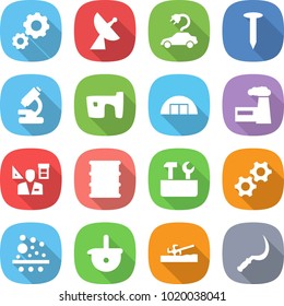 flat vector icon set - gear vector, satellite antenna, electric car, nail, microscope, slum, hangare, factory, architector, barrel, repair tools, gears, filter, ladle, soil cutter, sickle