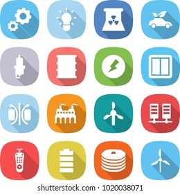 flat vector icon set - gear vector, bulb, nuclear power, eco car, spark plug, barrel, electricity, switch, magnetic field, factory, windmill, server, remote control, battery, pancakes