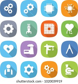 flat vector icon set - gear vector, chip, dna modify, cpu, cardio, pacemaker, factory, tower crane, drawing compasses, workman, gears, water pump