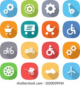 flat vector icon set - gear vector, around, gyroscooter, add to cart, delivery, baby stroller, disability, bike, motorcycle, invalid, gears, wheel, wheelbarrow, pickup, windmill