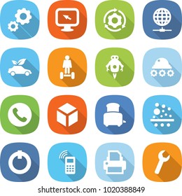 flat vector icon set - gear vector, monitor arrow, around, globe connect, eco car, hoverboard, jet robot, lunar rover, phone, 3d, toaster, filter, on off button, mobile, printer, wrench