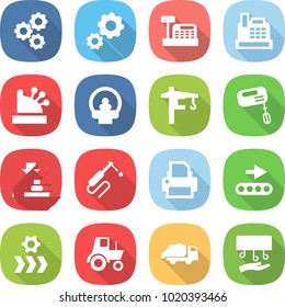 flat vector icon set - gear vector, cashbox, tomography, tower crane, mixer, press, welding, printer, conveyor, tractor, trash truck, hand dryer