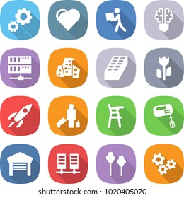 flat vector icon set - gear vector, heart, courier, bulb brain, server, modern architecture, brick, perishable, rocket, passenger, Chair for babies, mixer, garage, trees, gears