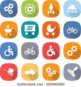 flat vector icon set - gear vector, around, hoverboard, lunar rover, add to cart, delivery, baby stroller, bike, disability, invalid, gears, wheelbarrow, pickup, scraper
