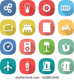 flat vector icon set - gear vector, bulb, sun power, battery, electrostatic, factory, barrel, motorcycle, barometer, speaker, floor lamp, magnet, windmill, remote control, kettle