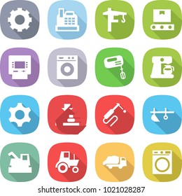 Flat Vector Icon Set - Gear Vector, Cashbox, Tower Crane, Transporter Tape, Atm, Washing Machine, Mixer, Coffee Maker, Press, Welding, Plow, Harvester, Tractor, Trash Truck