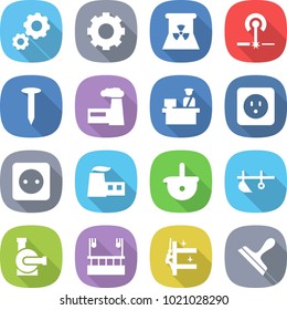 flat vector icon set - gear vector, nuclear power, laser, nail, factory, customs control, socket, ladle, plow, water pump, skysrcapers cleaning, skyscrapers, scraper