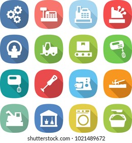 flat vector icon set - gear vector, cashbox, tomography, fork loader, transporter tape, mixer, blender, coffee maker, soil cutter, harvester, utility room, washing machine, powder