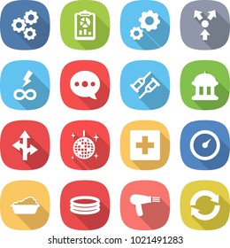 flat vector icon set - gear vector, report, core splitting, infinity power, balloon, crutch, goverment house, route, disco ball, first aid, barometer, washing, inflatable pool, hair dryer, reload