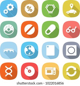 flat vector icon set - gear vector, percent, hex molecule, car pointer, donut, pill, pacemaker, bridge, earth, cutting board, ring button, dna, cd, grill oven, reload