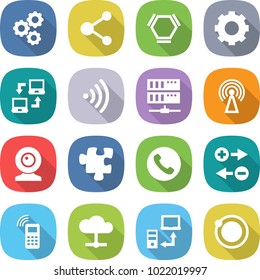 flat vector icon set - gear vector, molecule, hex, notebook connect, wireless, server, antenna, web cam, puzzle, phone, charge particle, mobile, cloud, data transfer, orbit