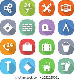 flat vector icon set - gear vector, 24 7, pencil wrench, server, under construction, brick wall, measuring tape, drawing compasses, phone, suitcase, bucket, hammer, rag, house cleaning, gloves