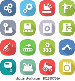 flat vector icon set - gear vector, cashbox, tower crane, warehouse scales, transporter tape, washing machine, coffee maker, welding, conveyor, robot hand, mixer, harvester, tractor