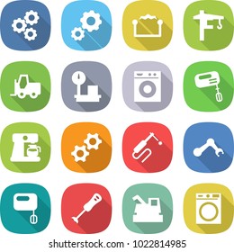flat vector icon set - gear vector, electrostatic, tower crane, fork loader, warehouse scales, washing machine, mixer, coffee maker, gears, welding, robot hand, blender, harvester