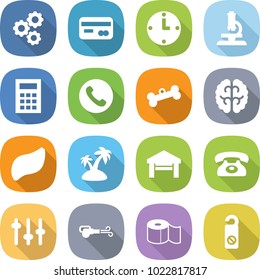 flat vector icon set - gear vector, card, clock, microscope, calculator, phone, bone, brain, liver, island, garage, setup, blower, toilet paper, do not distrub
