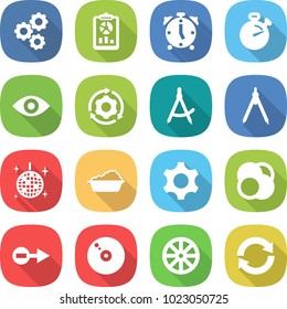 flat vector icon set - gear vector, report, alarm clock, stopwatch, eye, around, draw compass, drawing compasses, disco ball, washing, atom core, electron, cd, wheel, reload