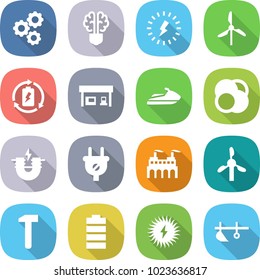 flat vector icon set - gear vector, bulb brain, lightning, windmill, battery charge, gas station, jet ski, atom core, electric magnet, plug, factory, hammer, solar power, plow