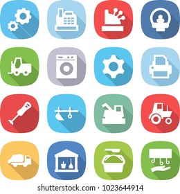 flat vector icon set - gear vector, cashbox, tomography, fork loader, washing machine, printer, blender, plow, harvester, tractor, trash truck, utility room, powder, hand dryer
