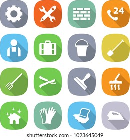 flat vector icon set - gear vector, pencil wrench, brick wall, phone 24, workman, suitcase, bucket, shovel, fork, pruner, scraper, vacuum cleaner, house cleaning, gloves, floor washing, iron