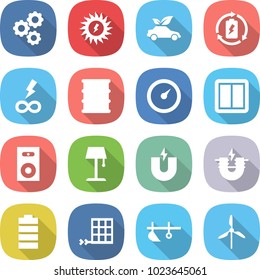 flat vector icon set - gear vector, sun power, eco car, battery charge, infinity, barrel, barometer, switch, speaker, floor lamp, magnet, electric, solar panel, plow, windmill