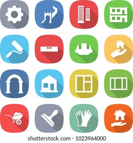 flat vector icon set - gear vector, greate wall, skyscrapers, modular house, repair, level, building helmet, real estate, arch, home, window, wheelbarrow, scraper, gloves, housing