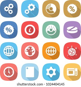 flat vector icon set - gear vector, circle diagram, percent, info, donut, pill, globe, disco ball, watch, cutting board, grill oven